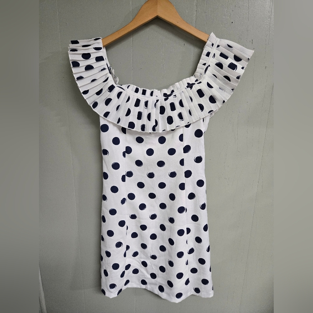 She & Sky Dress Sz S Blue Polka  Dot Lined Pin Up On/Off Shoulder Pleated Collar